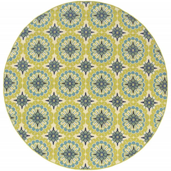 8' x 8' Green and Ivory Round Floral Indoor Outdoor Area Rug