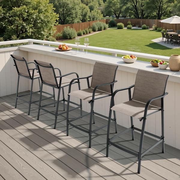 Metal Outdoor Bar Stool Patio Bar Chairs in Espresso with Armrests, Footrest and Breathable Textilene Seat (4-Pack)