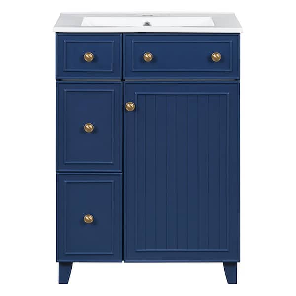 JimsMaison 24 in. W x 18 in. D x 34 in. H Single Sink Freestanding Bath Vanity in Blue with White Ceramic Top