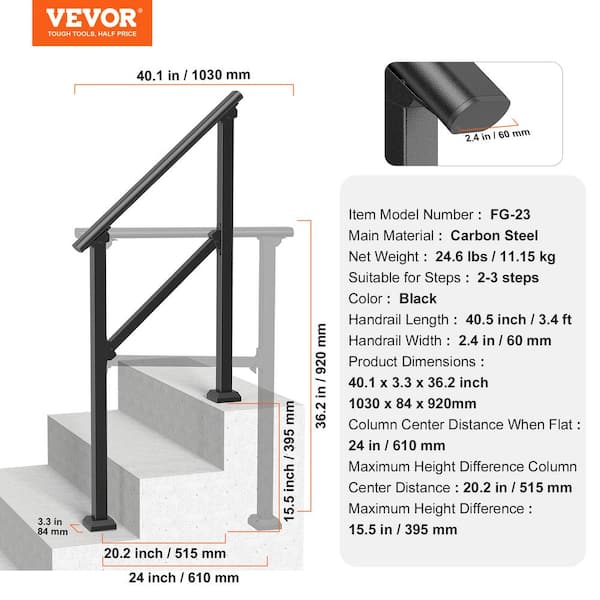 VEVOR Handrails for Outdoor Steps 2-3 Step Stair Hand Rail Kit Transitional Railings Black Tube 36.2 in. H 3.3 in. W Steel