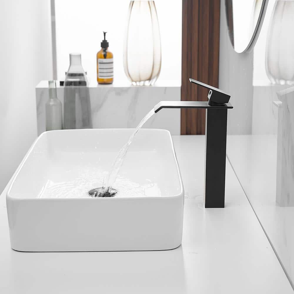 Matte Black Tall Waterfall Vessel Sink Faucet with Pop-Up Drain