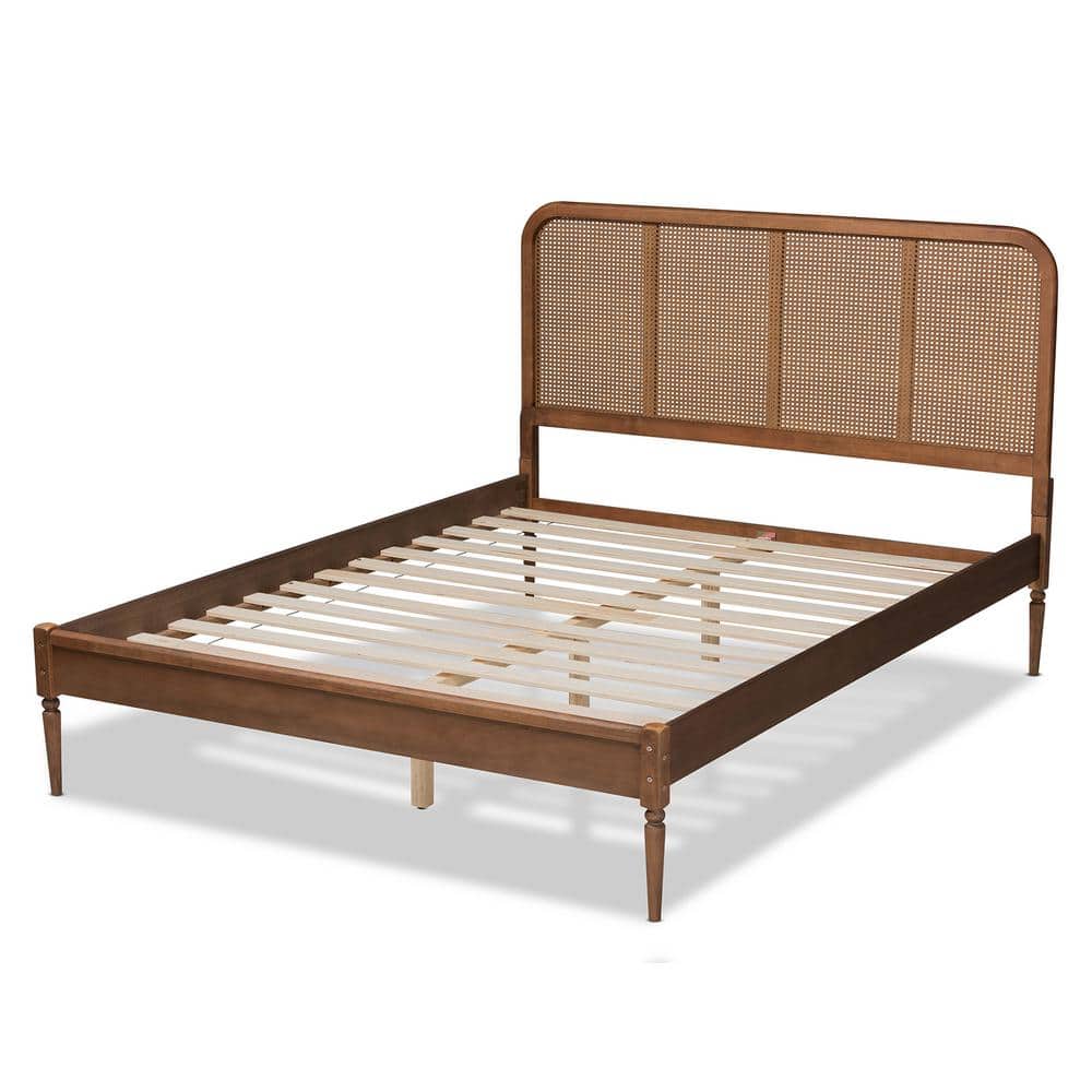 Queen Ash Walnut Wood Frame Platform Bed with Rattan Headboard