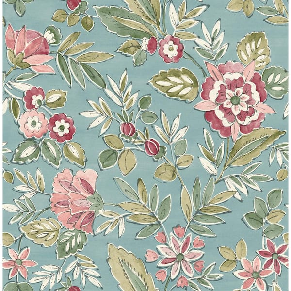 Begonia Teal Floral Trail Wallpaper Sample