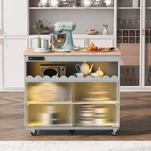 Gray Blue Wood 44 in. Kitchen Island with Drop Leaf, LED Light Kitchen Cart on Wheels with Power Outlets and Doors