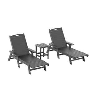 Harlo 3-Piece Gray Fade Resistant HDPE Plastic Reclining Outdoor Patio Chaise Lounge Arm Chair and Table Set