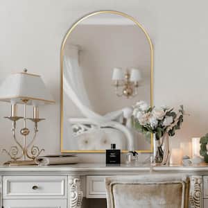 20 in. W x 30 in. H Small Arched Metal Framed Wall Bathroom Vanity Mirror in Gold