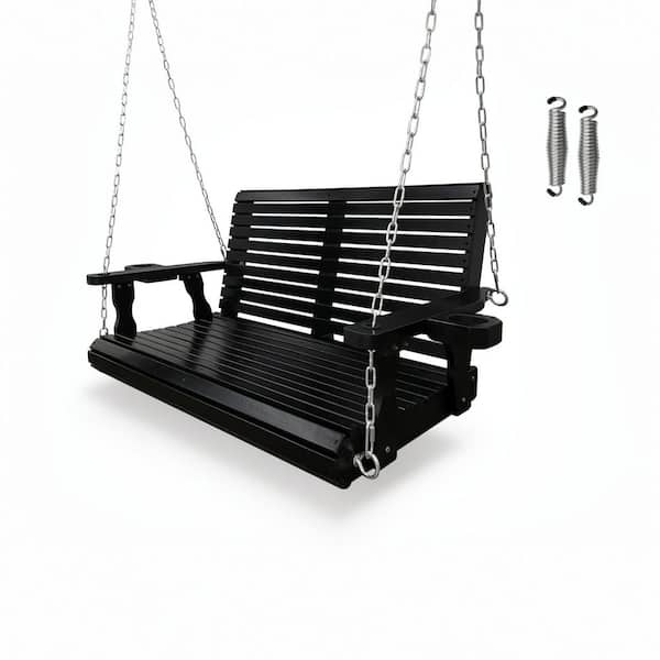 4 ft. Extra Large Wooden Porch Swing 2-Seater with Cupholders, High Backrest, Hanging Chains, 880 lbs. Black