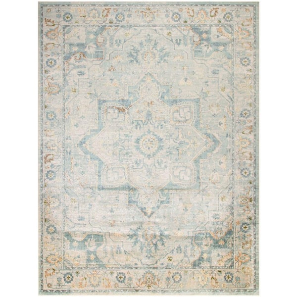 Nourison Astra Machine Washable Light Blue 8 ft. x 10 ft. Center medallion Traditional Area Rug