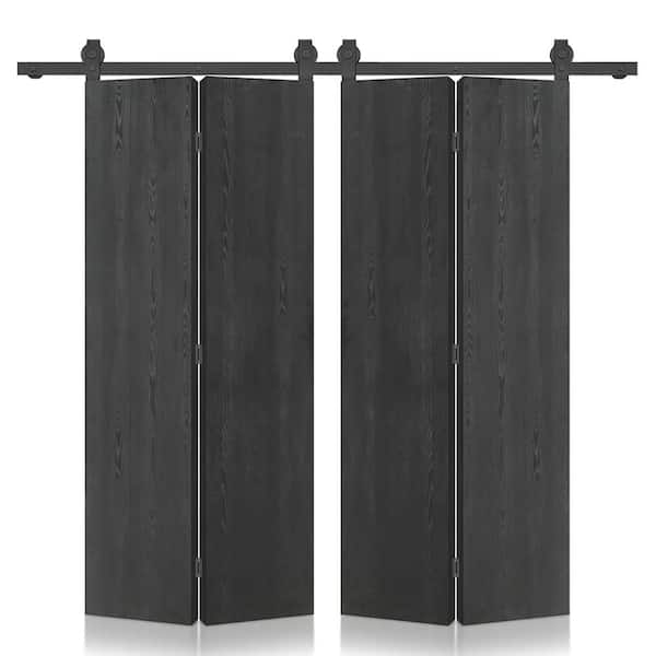 64 in. x 96 in. Hollow Core Black Composite Textured Double Bi-fold Door with Sliding Barn Door Hardware Kit