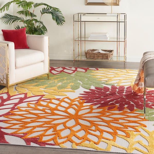 Aloha Red Multi Colored 8 ft. x 11 ft. Floral Contemporary Indoor/Outdoor Patio Area Rug