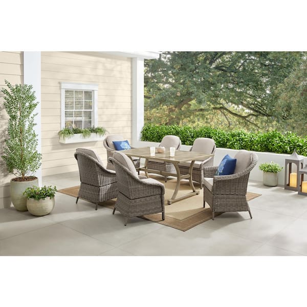 Brooke Mill Brown Metal 7-Piece Wicker Outdoor Dining Set with CushionGuard Putty Tan Cushions