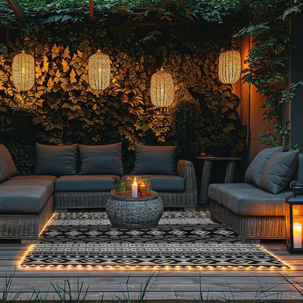 Outdoor Patio Rug with LED Lights-8x10 Outdoor Rug-Plastic Straw Patio Mat Outdoor Waterproof Carpet, Gray