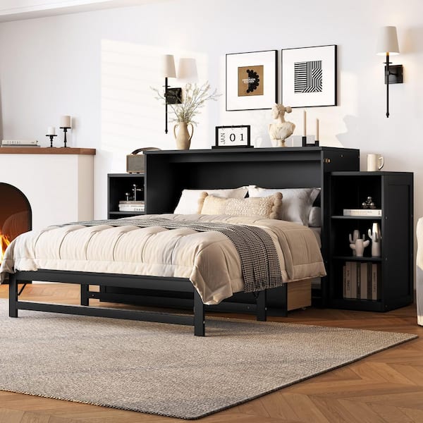 Dalton Dark Gray Wood Frame Folding Full Size Murphy Bed with Spacious Storage Drawers and Shelves