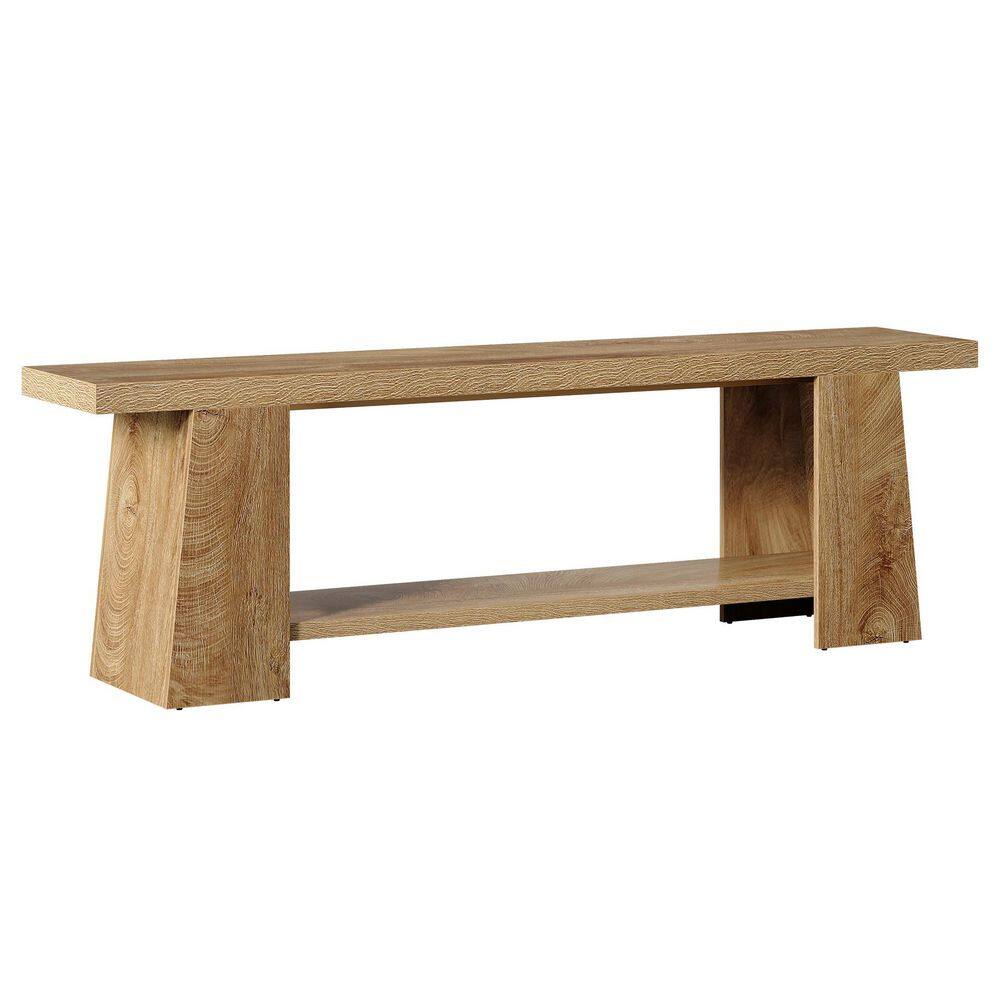 59" Light Brown Entryway Bench, Farmhouse 2-Tier Wooden Storage Shoe Bench