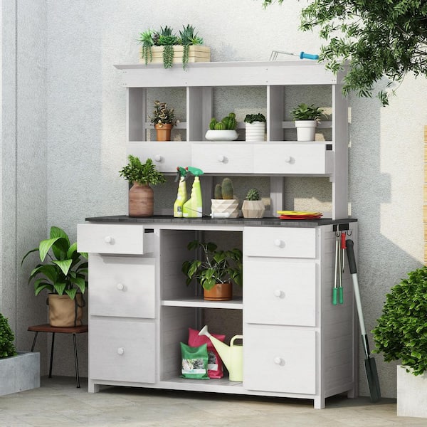 Unbranded 50 in. W x 65.7 in. H White Fir Wood Garden Potting Bench Table with Multiple Drawers and Shelves