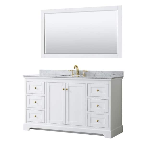 Wyndham Collection Avery 60 in. W x 22 in. D x 35 in. H Single Sink Bath Vanity in White with White Carrara Marble Top and 58 in. Mirror