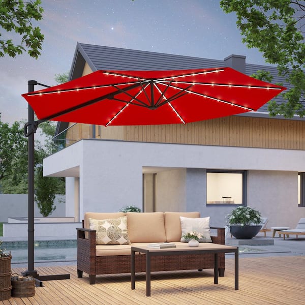 10 ft. Solar-powered Cantilever Patio Umbrella with 360° Rotation and Canopy Angle Adjustment in Red