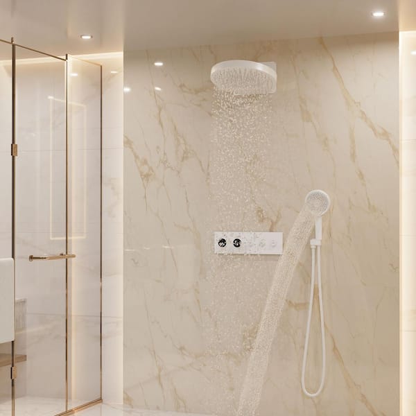 5-Spray Dual Shower Head 16 in. Round Wall Mount Fixed and Handheld Shower Head 2.5 GPM Thermostatic in Matte White