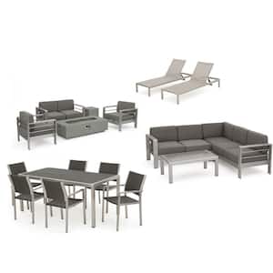 Cape Coral Silver 17-Piece Metal Patio Firepit Sectional Seating Set with Khaki Cushions