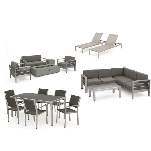 Noble House Cape Coral Silver 17-Piece Metal Patio Firepit Sectional Seating Set with Khaki Cushions