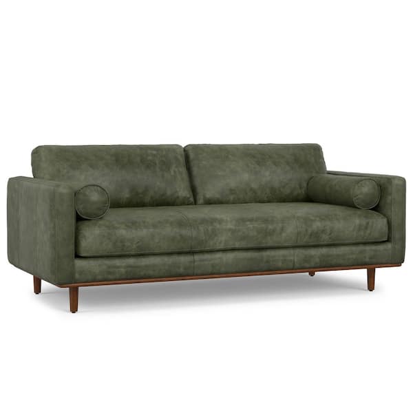 Morrison 89 in. Straight Arm Genuine Leather Wide Rectangle Top Grain Sofa in Moss Green