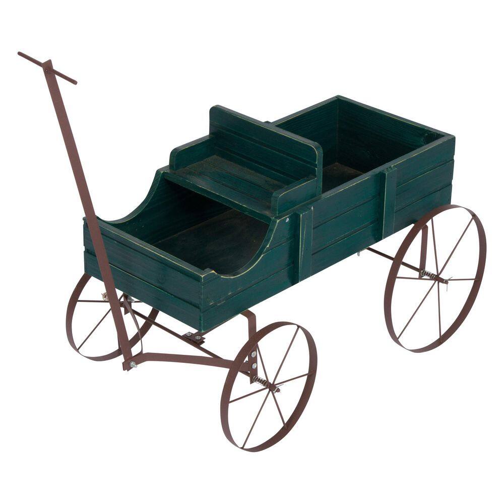 Green Cedar Wood Decorative Wagon Planter for Outdoor Plants