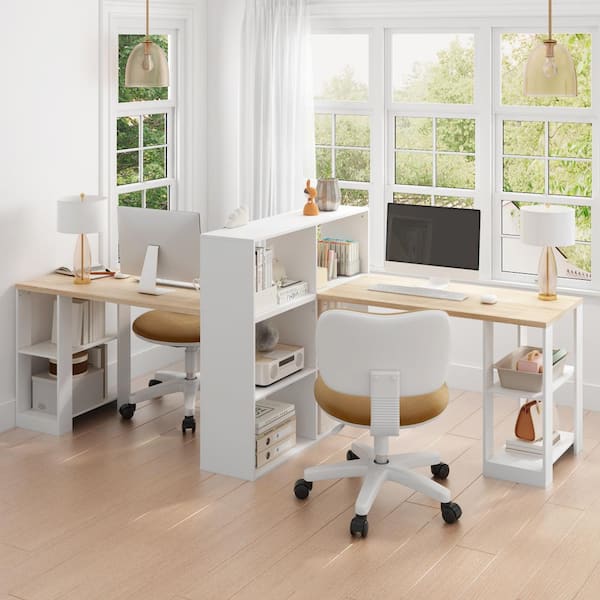 FUFU&GAGA 105.1 in. W Double Wood Writing Desk, White Finish with Bookcase, Open Shelves and Eco-Friendly Paint Finish