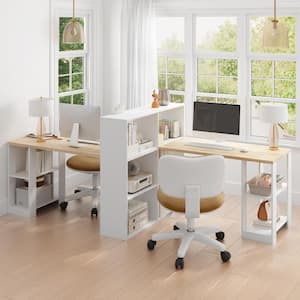 105.1 in. W Double Wood Writing Desk, White Finish with Bookcase, Open Shelves and Eco-Friendly Paint Finish