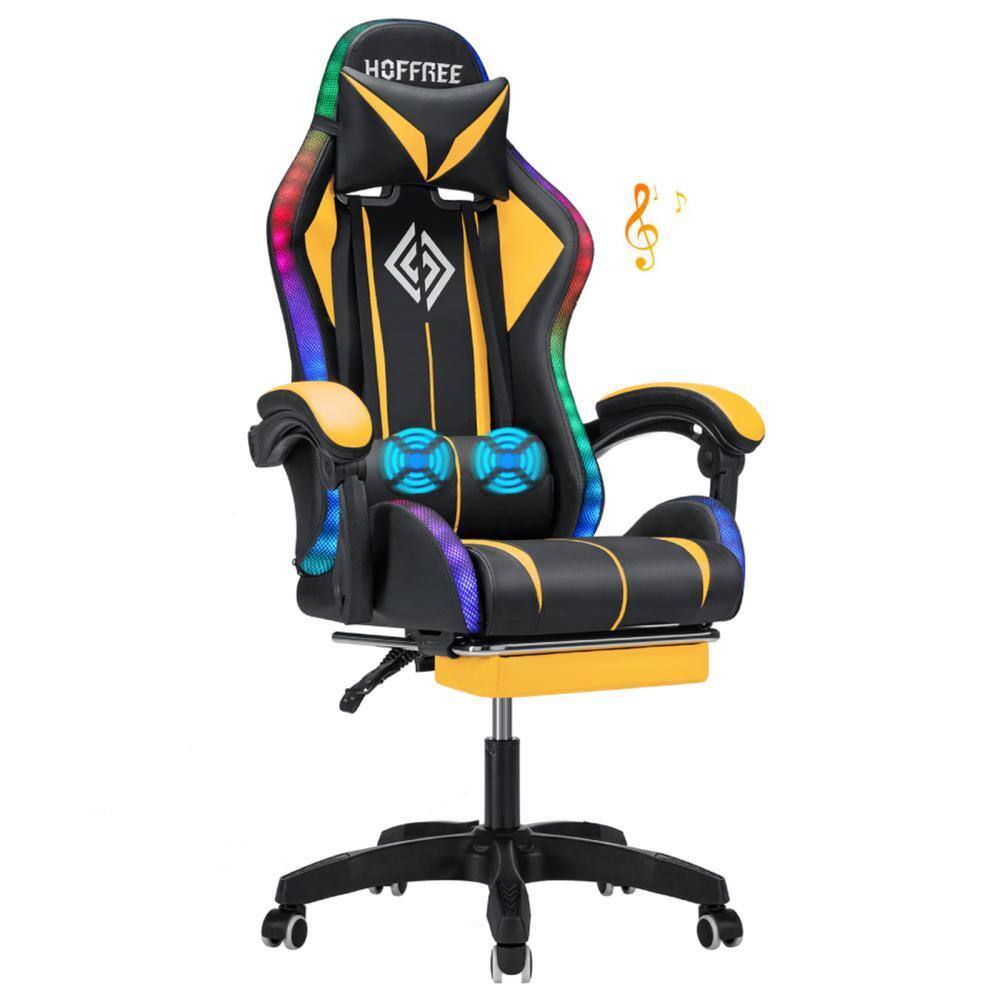 Yellow-Black PVC Leather Massage LED Reclining Gaming Chair with Bluetooth Speaker with Footrest Headrest Lumbar Support