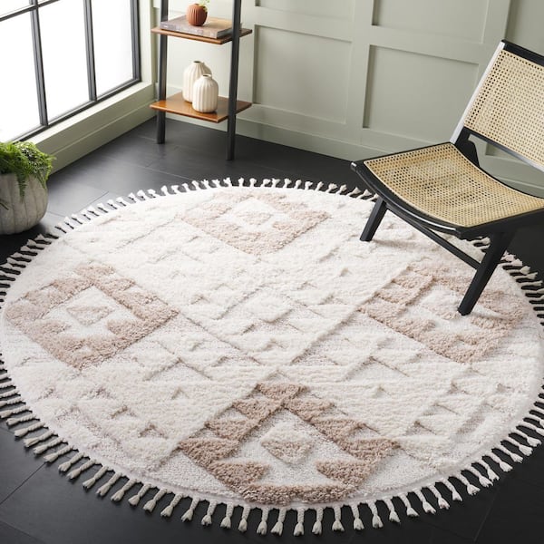Moroccan Tassel Shag Ivory/Beige 5 ft. x 5 ft. High-Low Geometric Fringe Round Area Rug