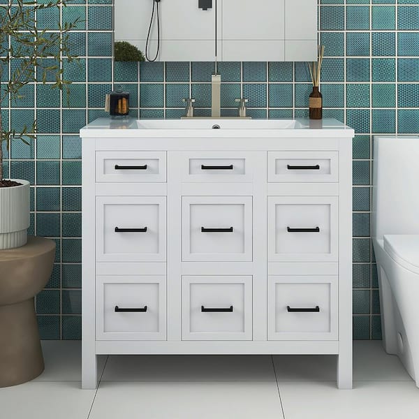 Staykiwi 36 in. W x 18 in. D x 34 in. H Freestanding Bath Vanity in White with White Cultured Marble Top