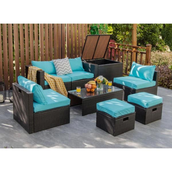 8 Pieces Patio Rattan Furniture Set with Storage Box, Waterproof Cover and Cushions in Turquoise