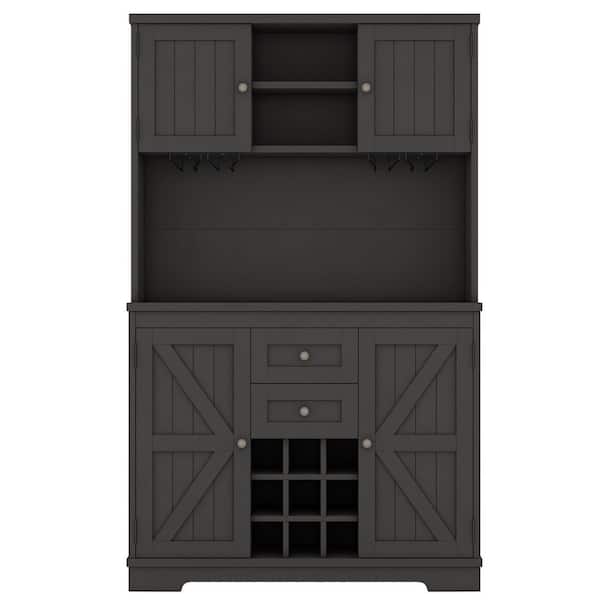 Farmhouse Black 9-Bottle Bar Cabinet with Glass Racks, Wood 47.32 in. W Buffet with Wine Storage