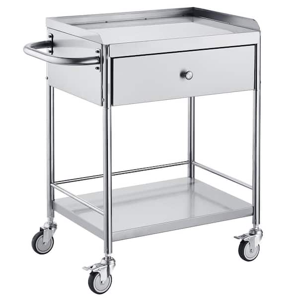 2-Layer Medical Cart Stainless Steel Utility Cart with 220 lbs. CapacityKitchen Cartwith 360° Silent Wheels and Drawer