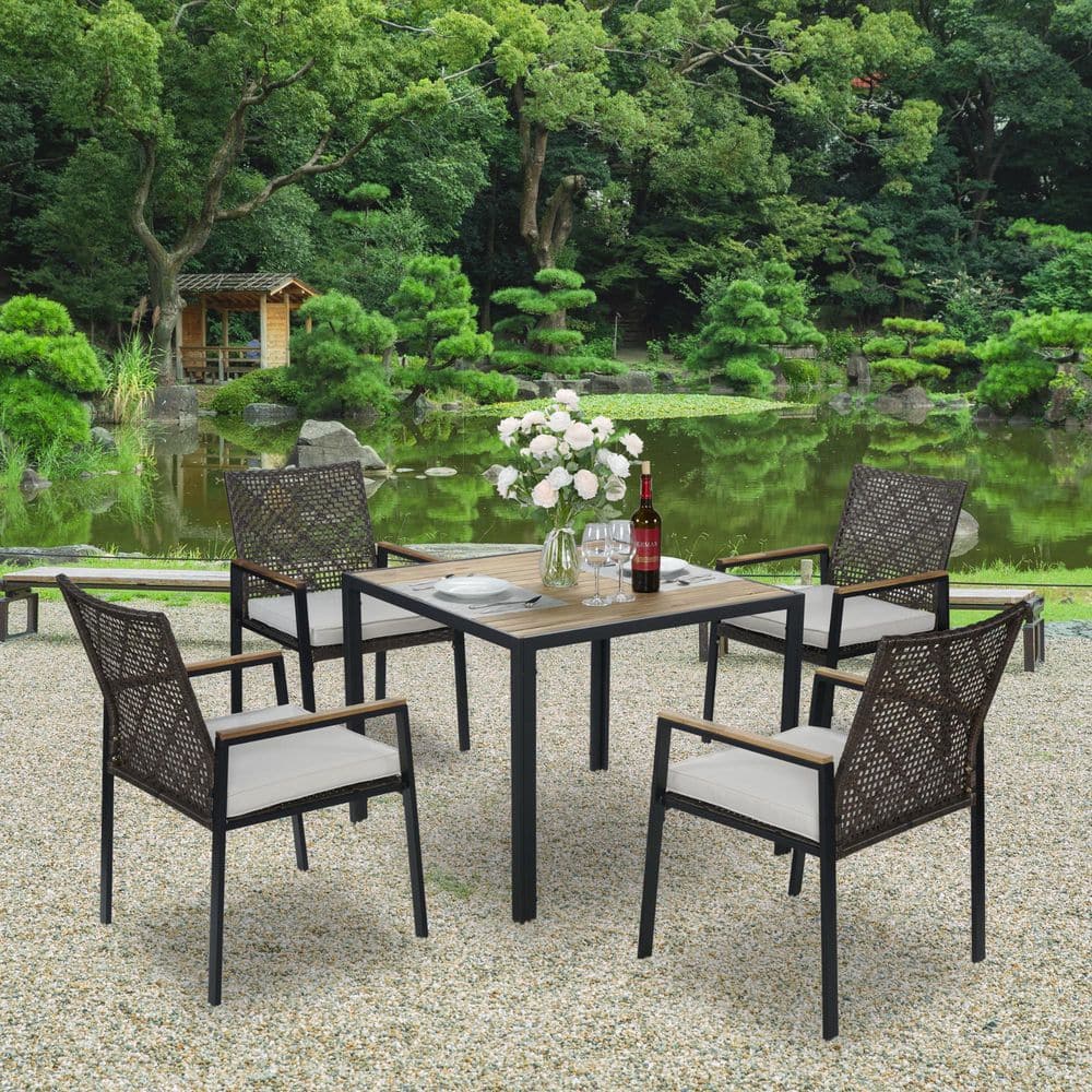 5-Piece Dark Brown Wood Outdoor Dinin...