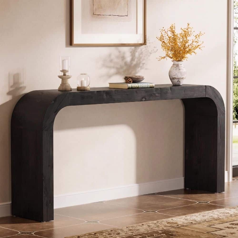 Turrella 70.9 in. Black Sofa Table Rectangle Solid Wood Arched Console Table for Living Room, Hallway