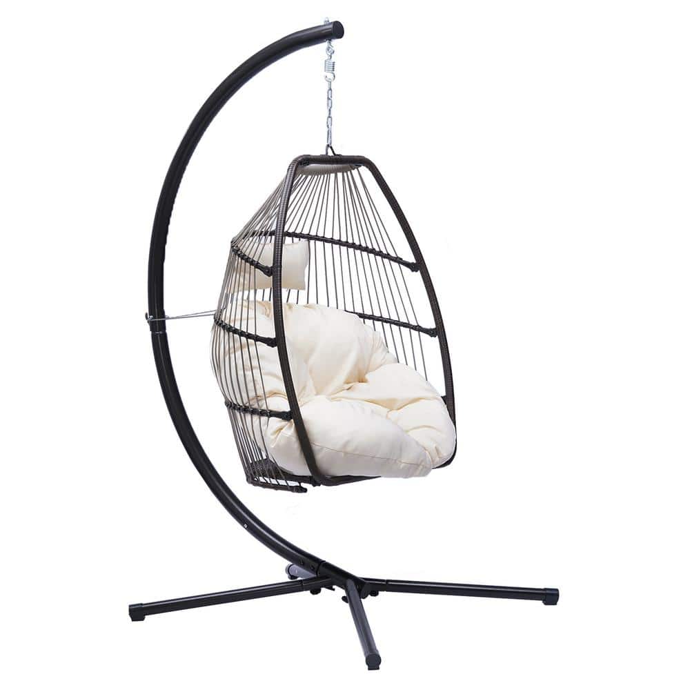 45 in. Black Wicker Patio Swing Folding Hanging Chair Rattan Hammock Egg Chair with Beige Cushion and Pillow price history on PriceWatchPro