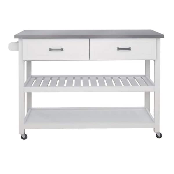 Tileon White Kitchen Cart With Stainless Steel Table Top and Two Drawers