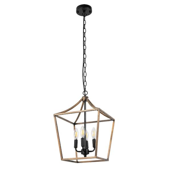 Briignite 4-Light 60-Watt Wood Grain Chandelier Mini Pendant Light with No Glass Shade