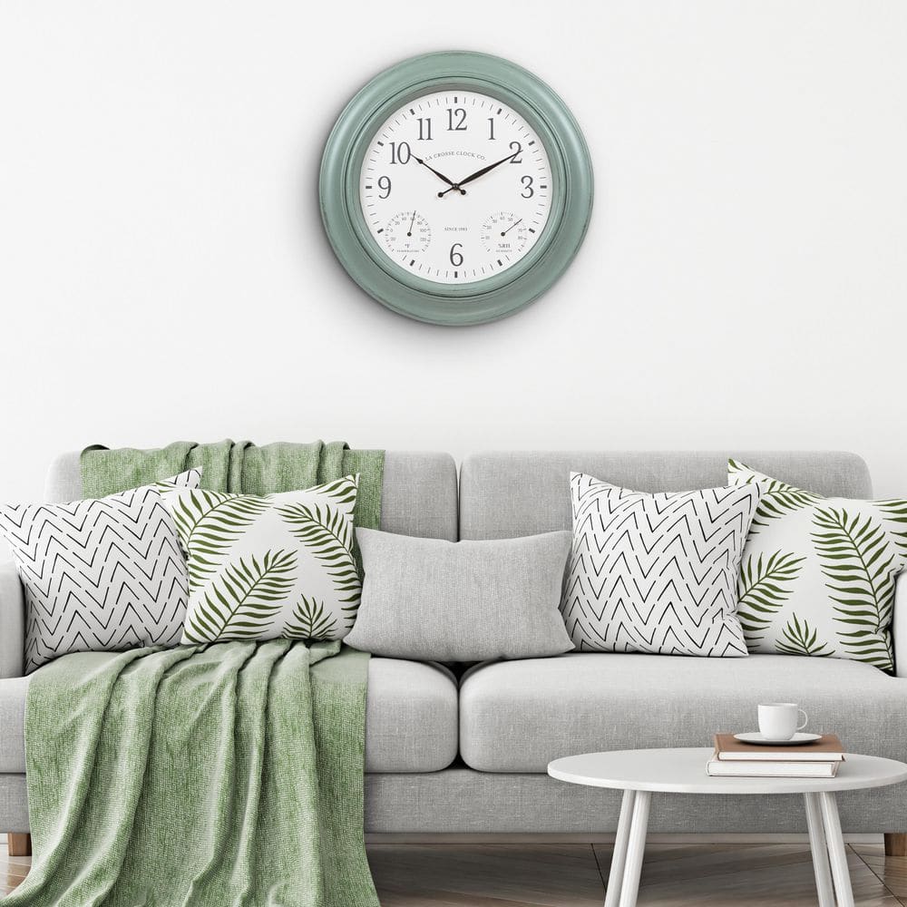 18" Sage Green Analog Quartz Wall Clock with Temperature & Humidity Gauges