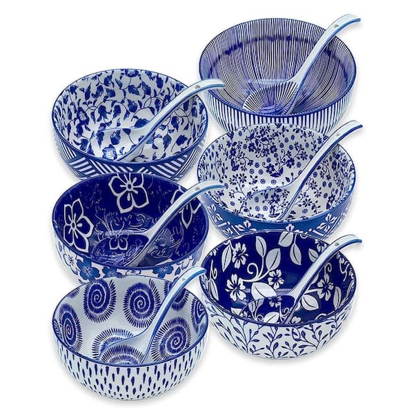 Set of 6 Large 28 oz Porcelain Ramen Soup Bowls with Matching Spoons, Deep 6 x 3.2 in Ceramic Bowls Set