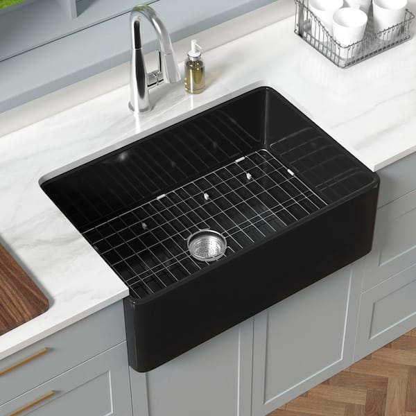HOMLYLINK 30 in. Farmhouse Sink Single Bowl Crisp Black Fireclay Kitchen Sink Apron Front Sink with Strainer and Bottom Grid