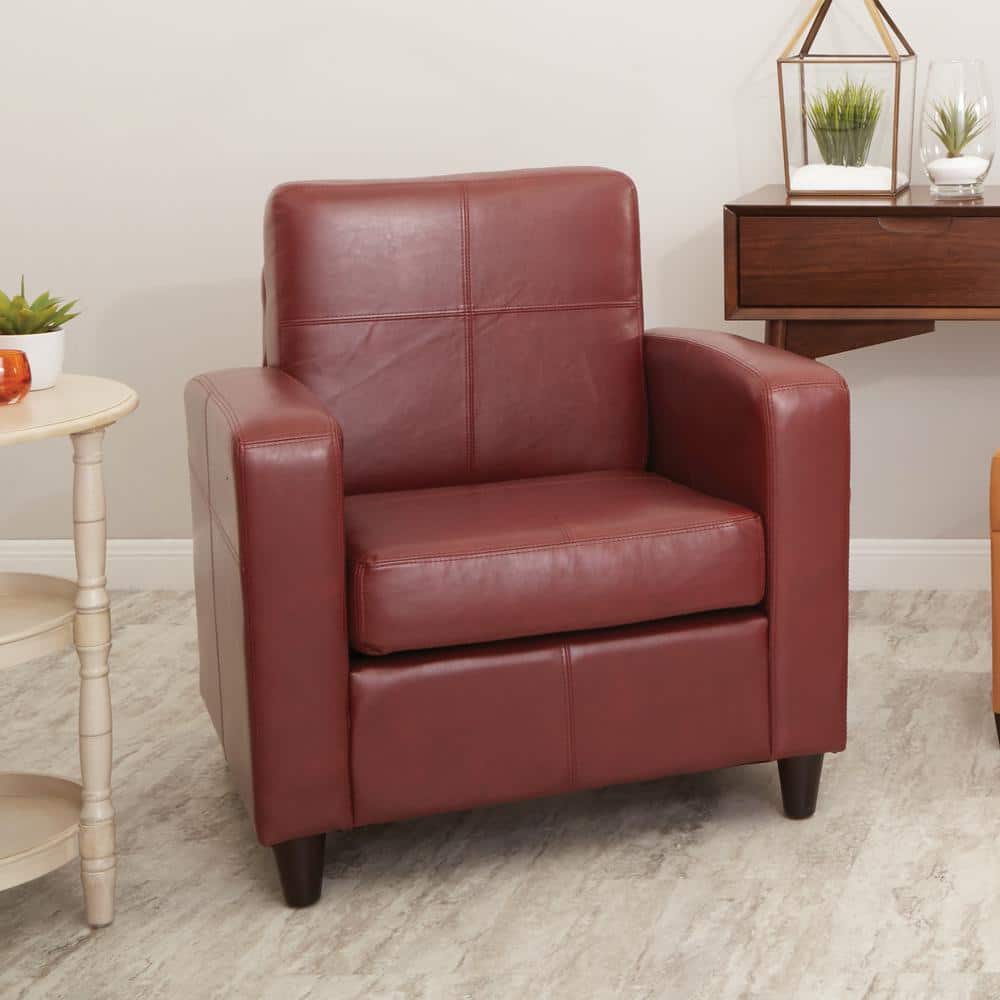 Crimson Red Leather Accent Chair with Wood Legs