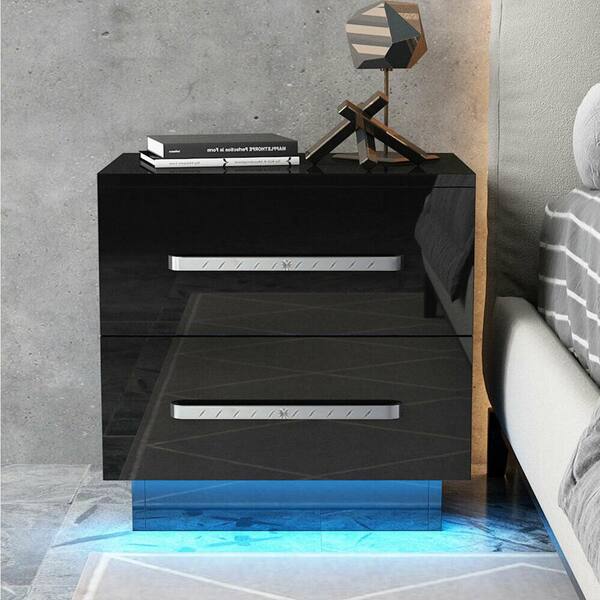 Unbranded Black 2-Drawer High Gloss LED Nightstand, Modern Bedside Tables SideTable for Bedroom(21.7" W x 14.6" D x 19.7" H)