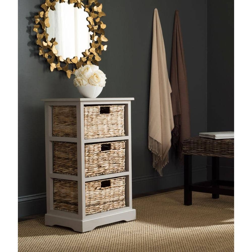 Transitional Brown Pine Wood Rectangular Side Table with 3 Wicker Baskets