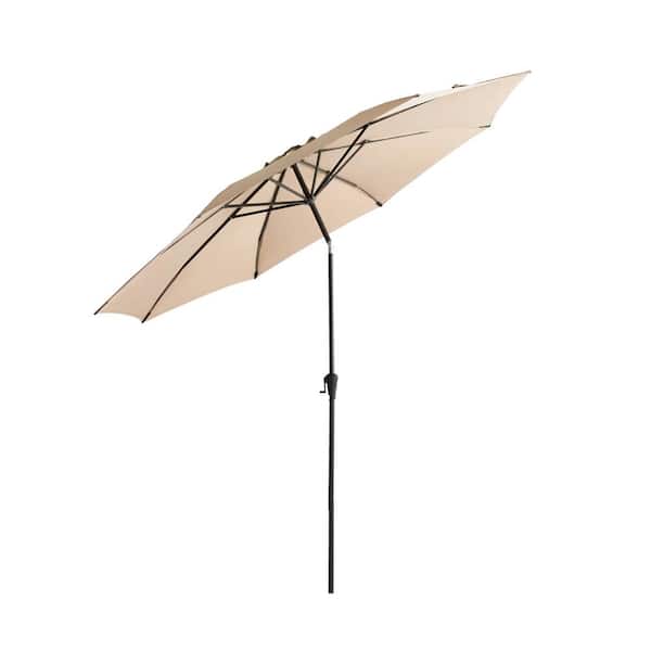 FLAME&SHADE 11 ft. Aluminum Market Push Button Tilt Patio Umbrella with Fiberglass Rib Tips in Beige Solution Dyed Polyester