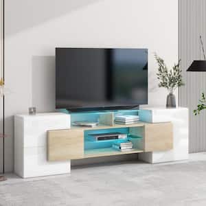 White and Natural TV Stand Fits TVs up to 80 in. with 2 Illuminated Glass Shelves, Cabinets, LED Color Changing Lights