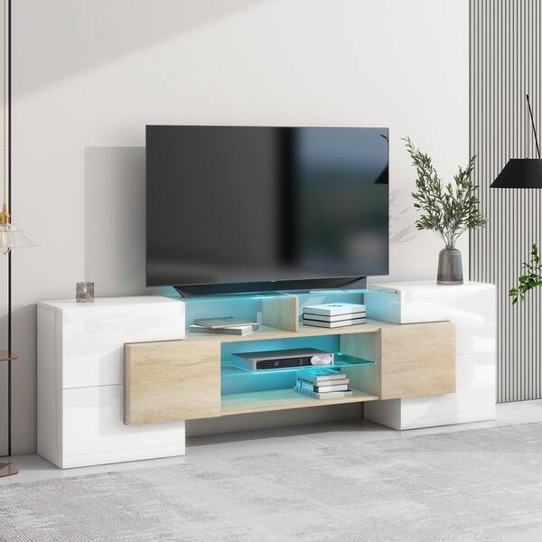 Harper & Bright Designs White and Natural TV Stand Fits TVs up to 80 in. with 2 Illuminated Glass Shelves, Cabinets, LED Color Changing Lights