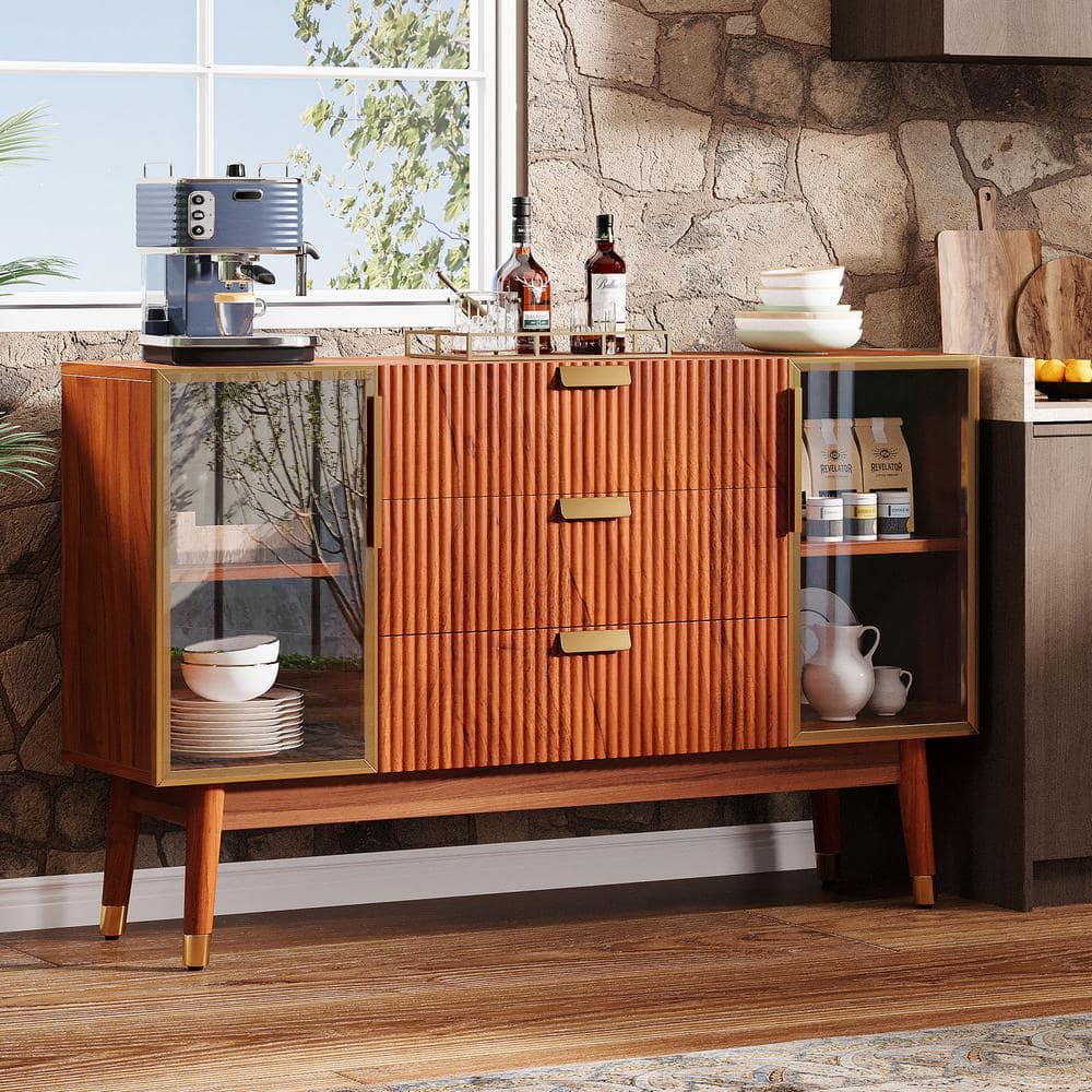 55" Brown Walnut Sideboard Buffet with Gold Metal Handles