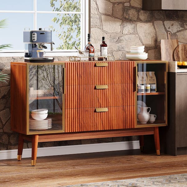 BYBLIGHT Ahlivia Brown Wood 55.1 in. Sideboard Buffet Cabinet with 2-Doors and 3-Drawers, Kitchen Storage Cabinet for Dining Room